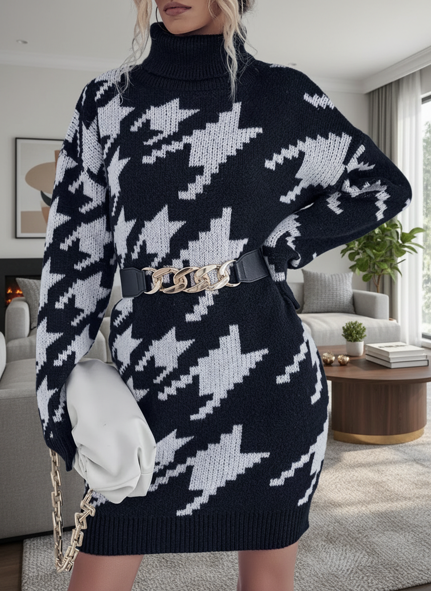 Houndstooth Pattern Turtleneck Sweater Dress